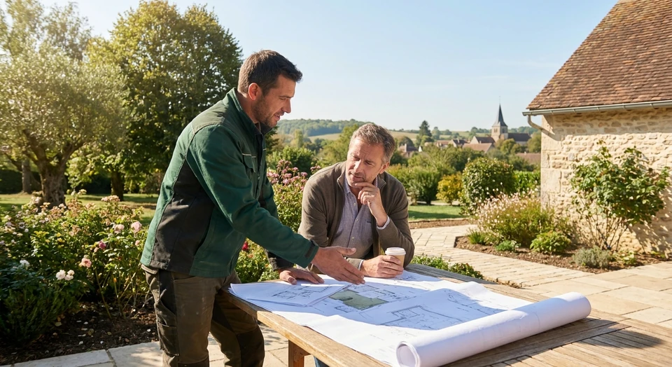 Photographie réaliste d'un paysagiste professionnel en discussion avec un propriétaire dans un jardin, tous deux examinant des plans ou un croquis du projet. Le paysagiste est équipé professionnellement, tenant les documents du projet. La scène se déroule en plein air dans un jardin existant, illustrant le suivi personnalisé et la communication directe entre le professionnel et son client. Image en lumière naturelle, de qualité professionnelle.