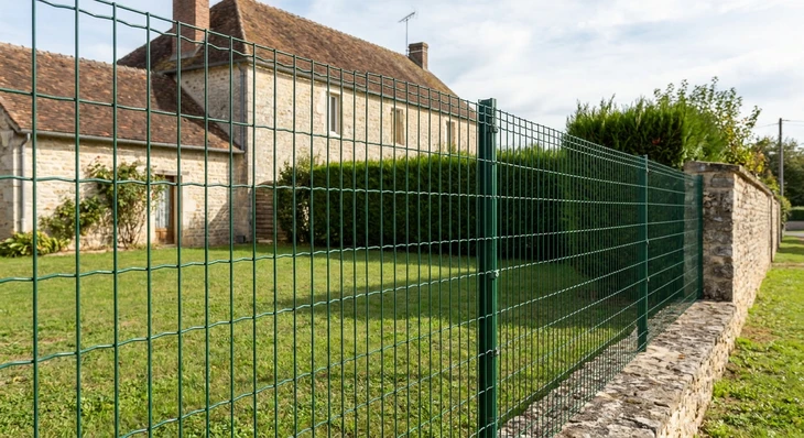 Scène extérieure avec clôture moderne à lames horizontales perforées en métal gris, laissant apercevoir la végétation au travers