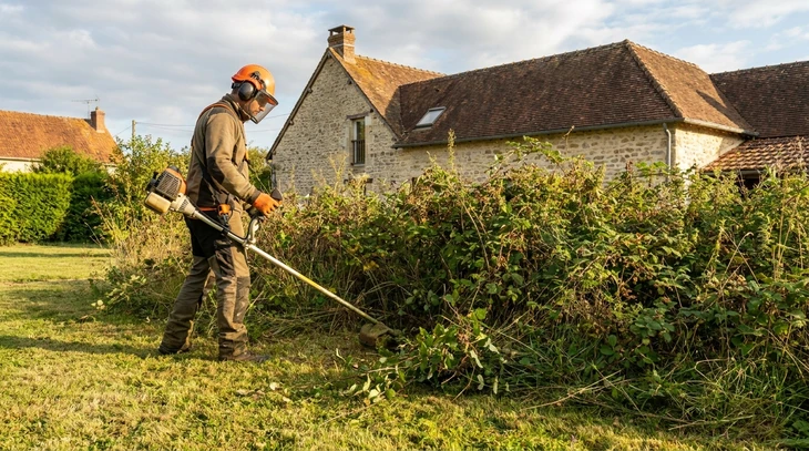 Paysage professionnel dans ses années 40 effectuant l'entretien des jardins arrière-cour