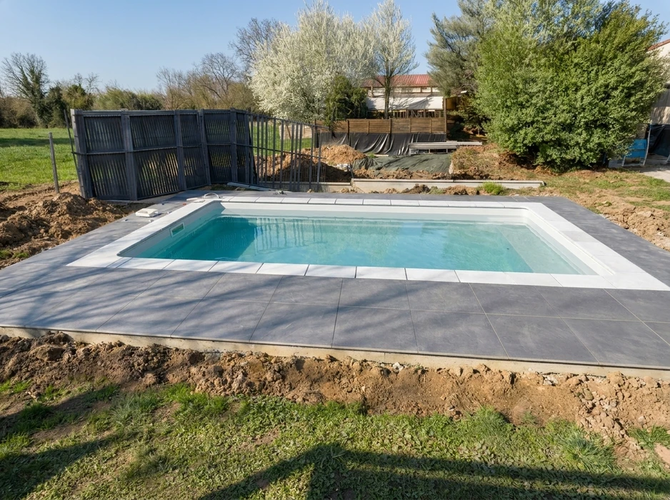 Jardin minéral moderne en façade de maison, aménagement paysager avec graviers blancs type marbre concassé et ardoise noire, délimités par muret en béton enduit avec chaperon en granit