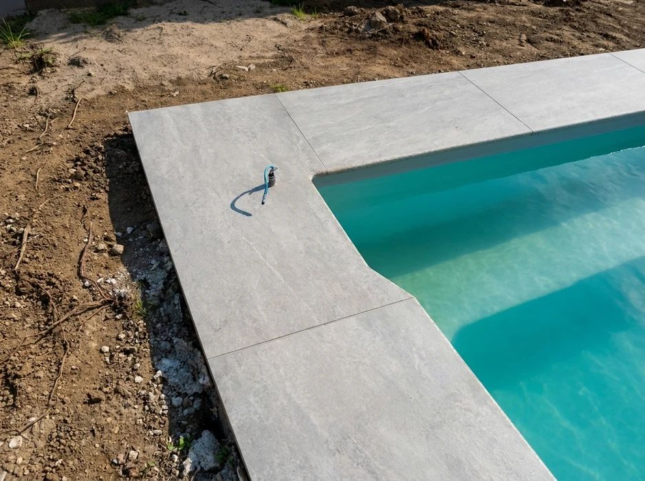 Piscine extérieure rectangulaire avec abri télescopique transparent partiellement ouvert dans jardin résidentiel