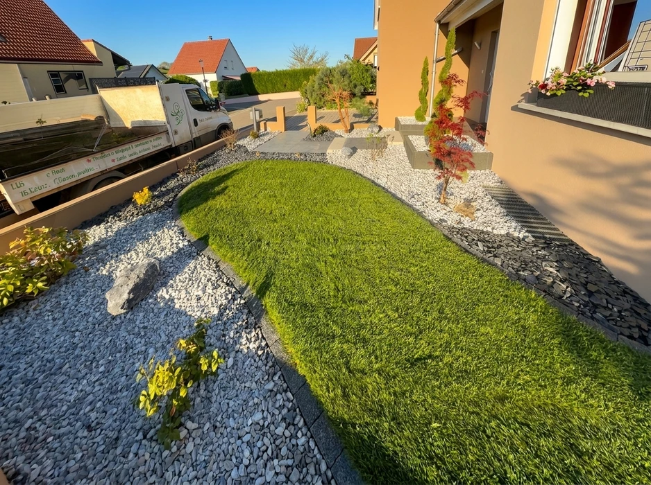 Aménagement paysager extérieur avec muret de soutènement en pierres naturelles grises, escalier en blocs de béton préfabriqués, terrasse pavée de briques rouges avec bordure décorative anthracite