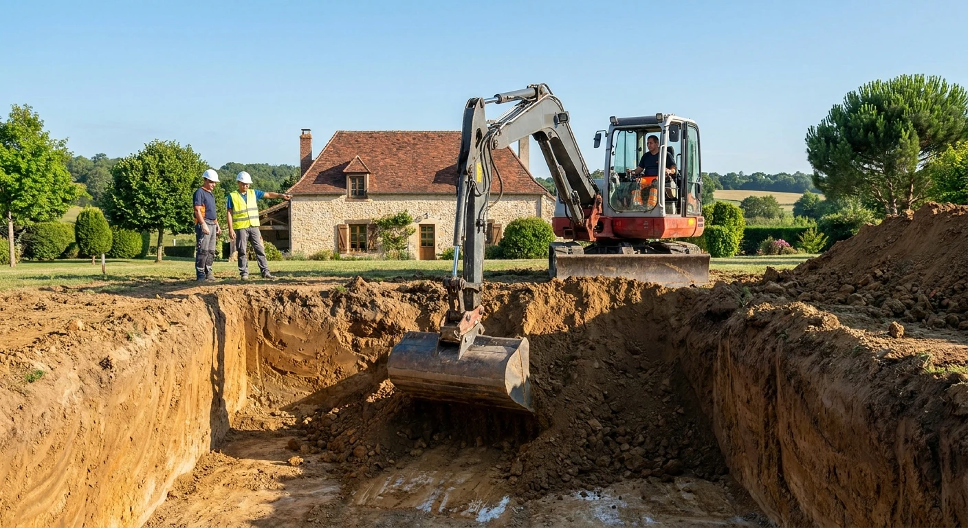 Chantier de terrassement en extérieur avec ouvriers en équipements de sécurité supervisant une excavatrice hydraulique dans une tranchée
