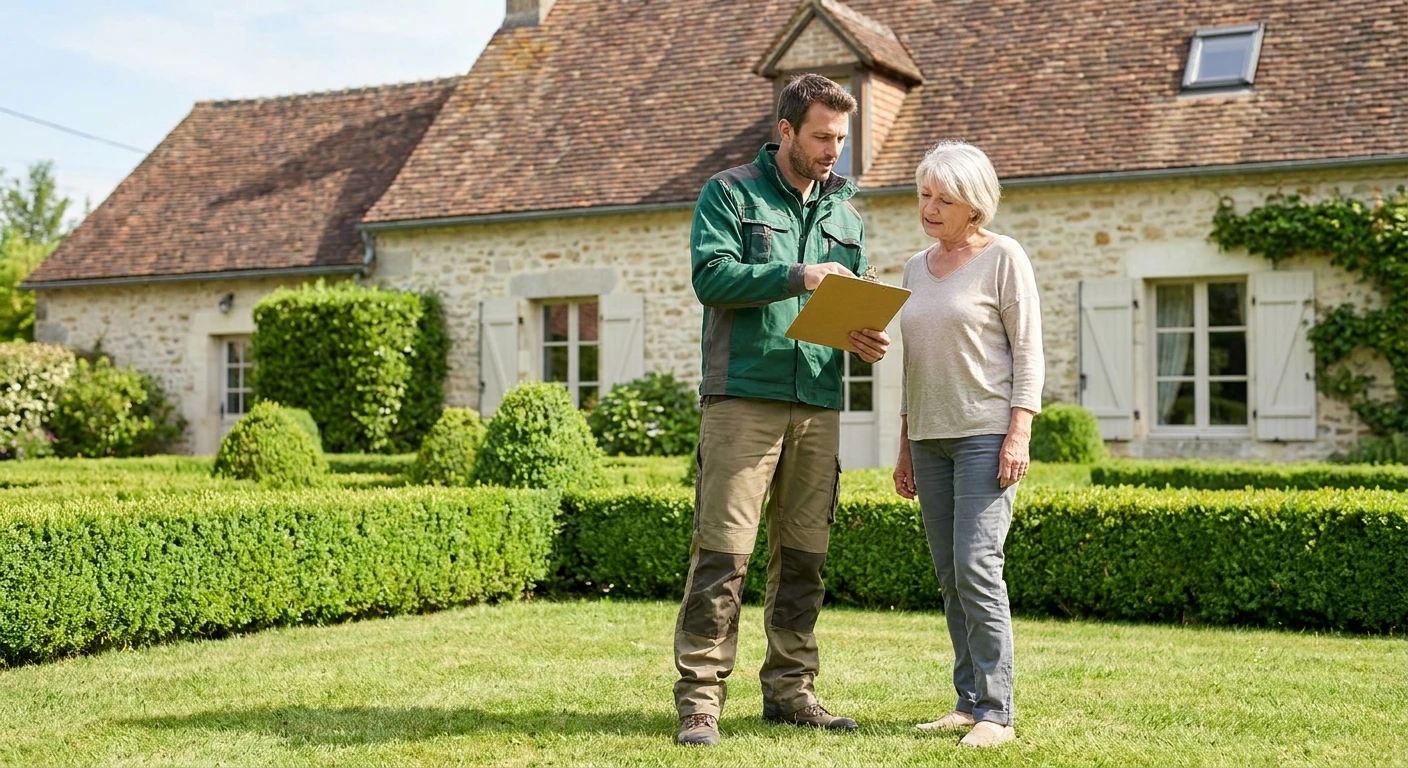 Jardinier professionnel taille une haie d'arbustes verts à l'aide d'un taille-haie électrique à long manche