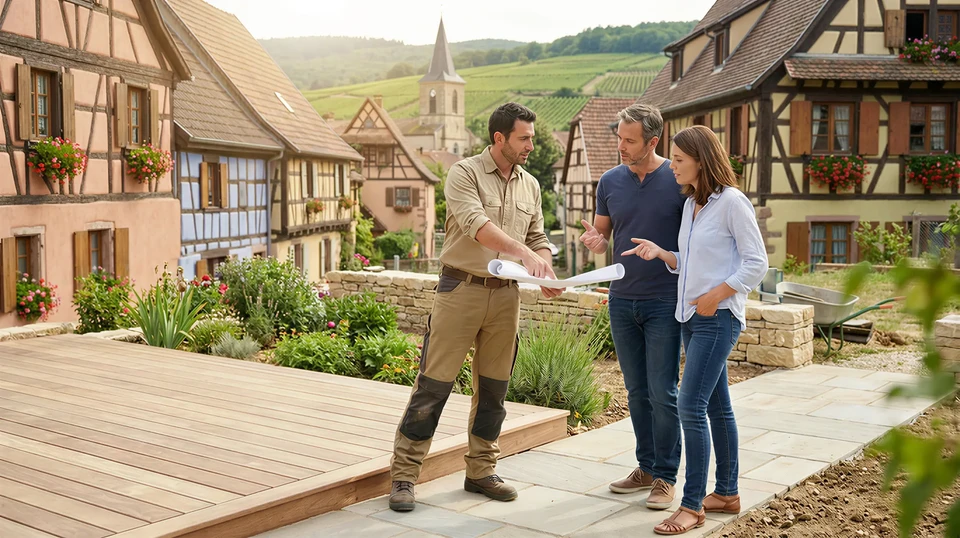 Photographie d'un paysagiste professionnel en tenue de travail menant une discussion avec un client devant un chantier de jardin en cours de création (terrasse, aménagement paysager visible), montrant une interaction personnalisée et directe. La scène capte l'engagement personnel du professionnel envers le client.