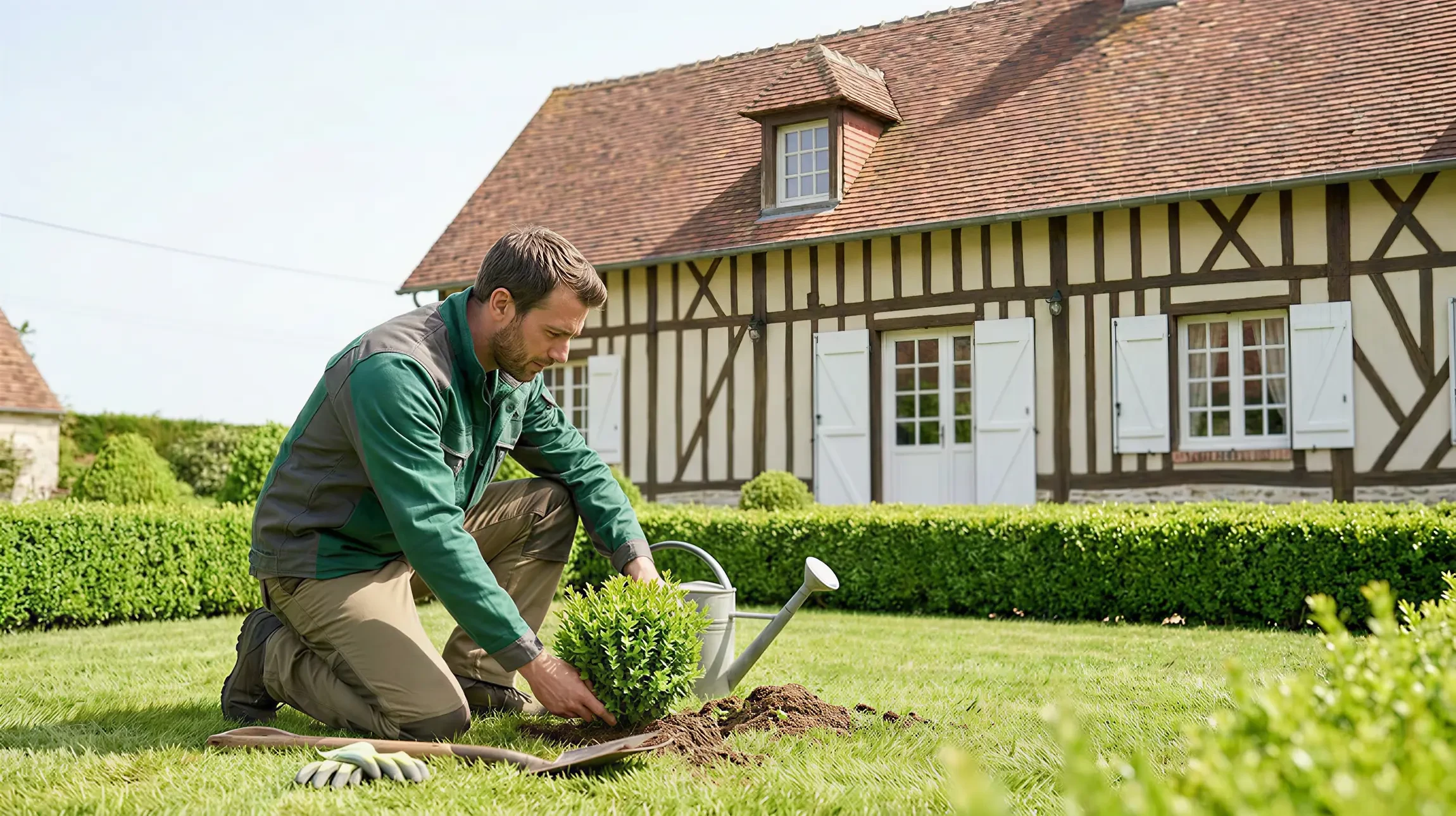 Jardin paysager avec pelouse entretenue, bain d'oiseaux en pierre au centre d'un massif fleuri