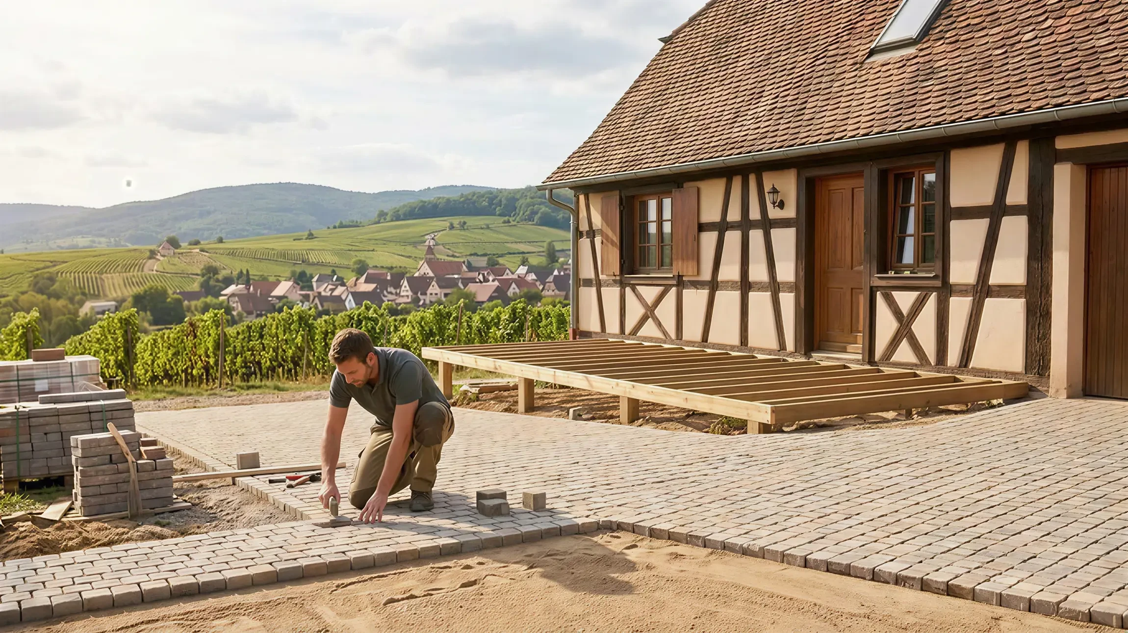 Grande terrasse en bois avec bancs et pergola attachée