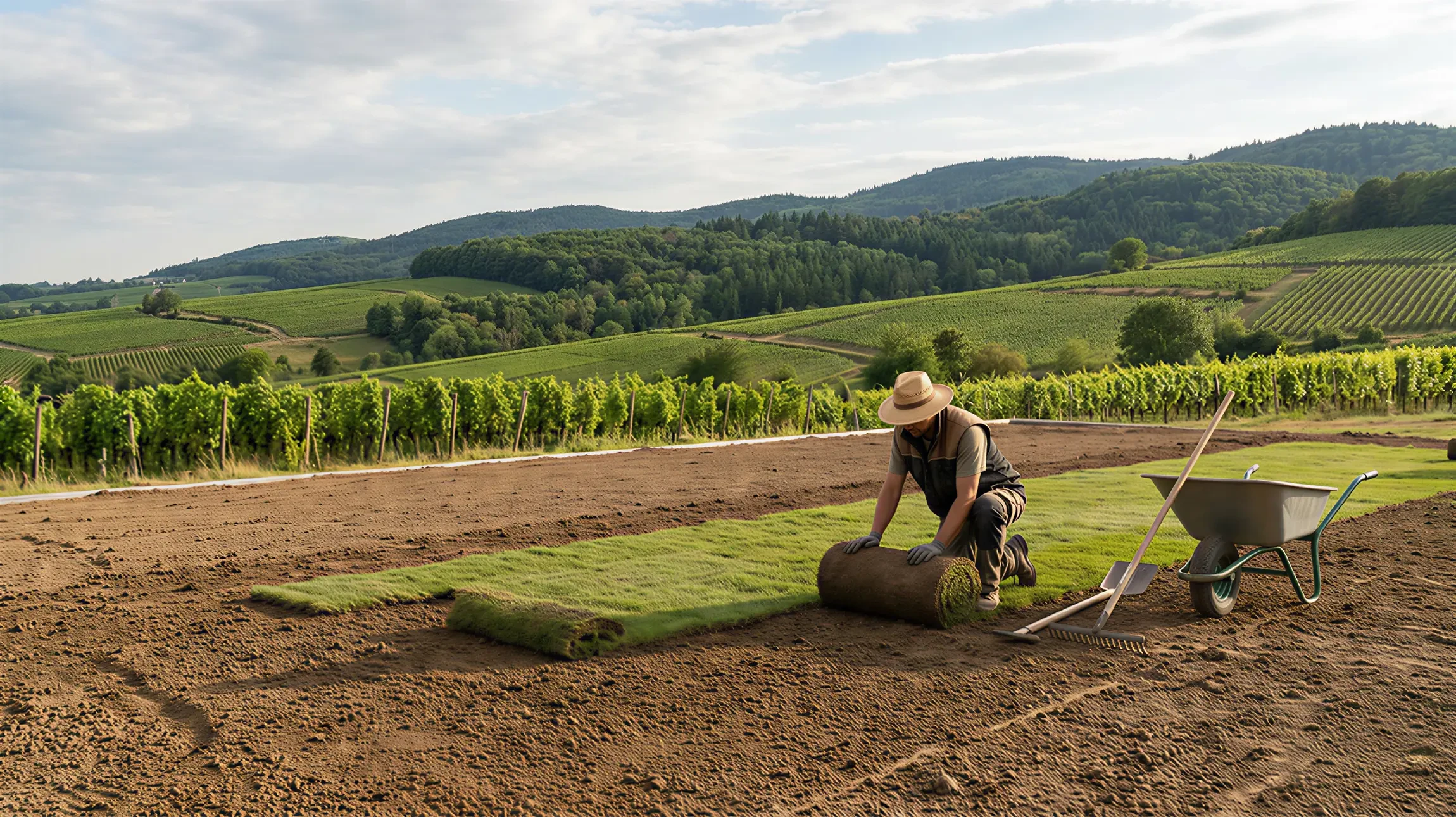 Jardin extérieur aménagé avec terrasse en bois circulaire, deux chaises en teck, clôture en panneaux horizontaux bois traité, végétation ornementale incluant palmier, géraniums rouges, lavande