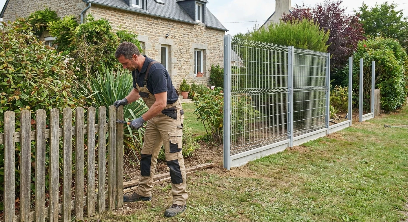 Clôture résidentielle extérieure avec palissade blanche en PVC ou bois peint, montée sur muret en béton avec chaperon brique